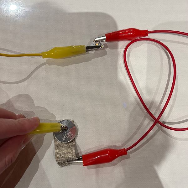 My first time testing out the LED stickers. I did this using the alligator clips, since I found that they were the most efficient when it comes to creating circuits smoothly. The simple circuit worked out perfectly on my first attempt.