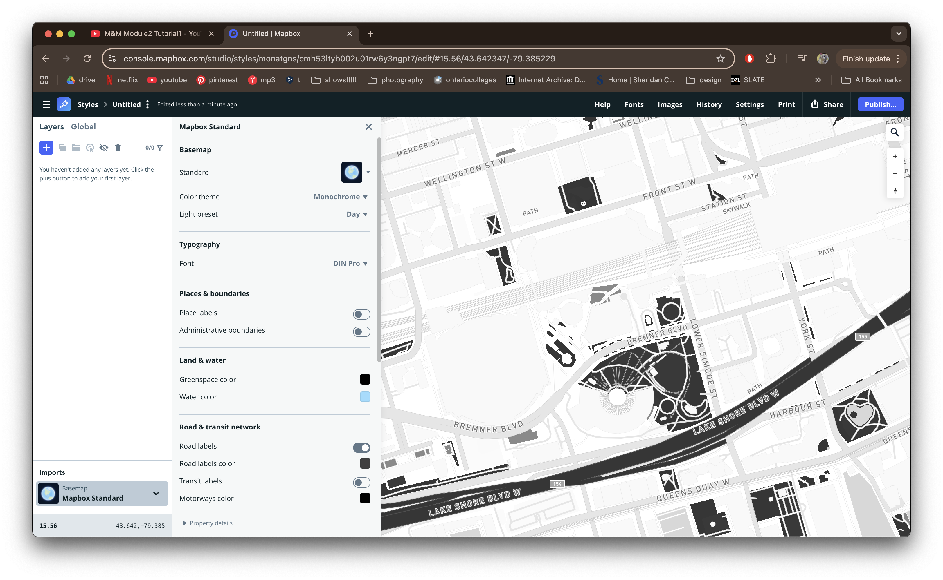 Figured out how to turn place and road labels on and off. The road labels are not visible in this screenshot, but the place labels are.