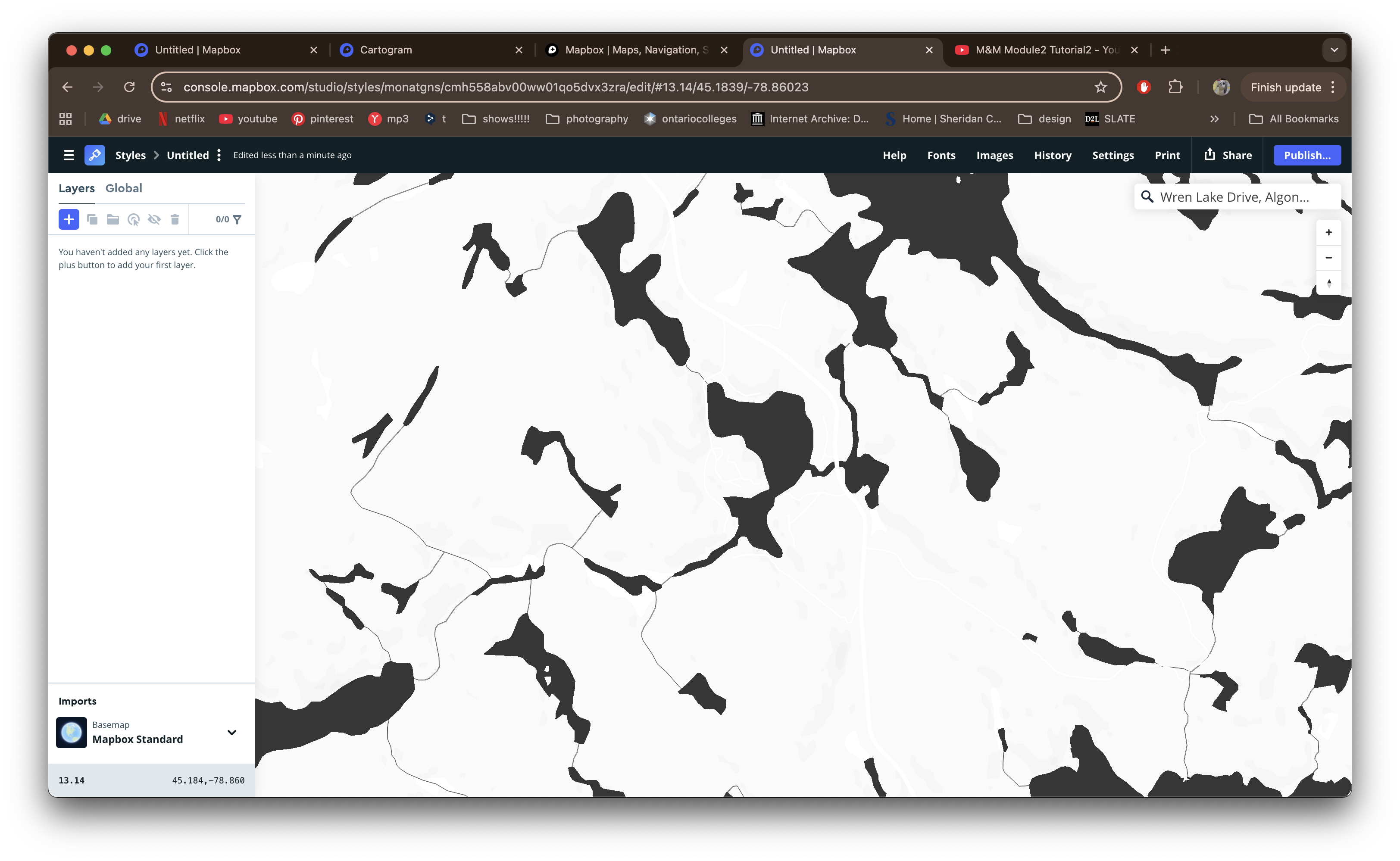 Created a blank/black and white map in Mapbox to import into Illustrator for further editing. This is Wren Lake, a lake in Muskoka where my cottage is.