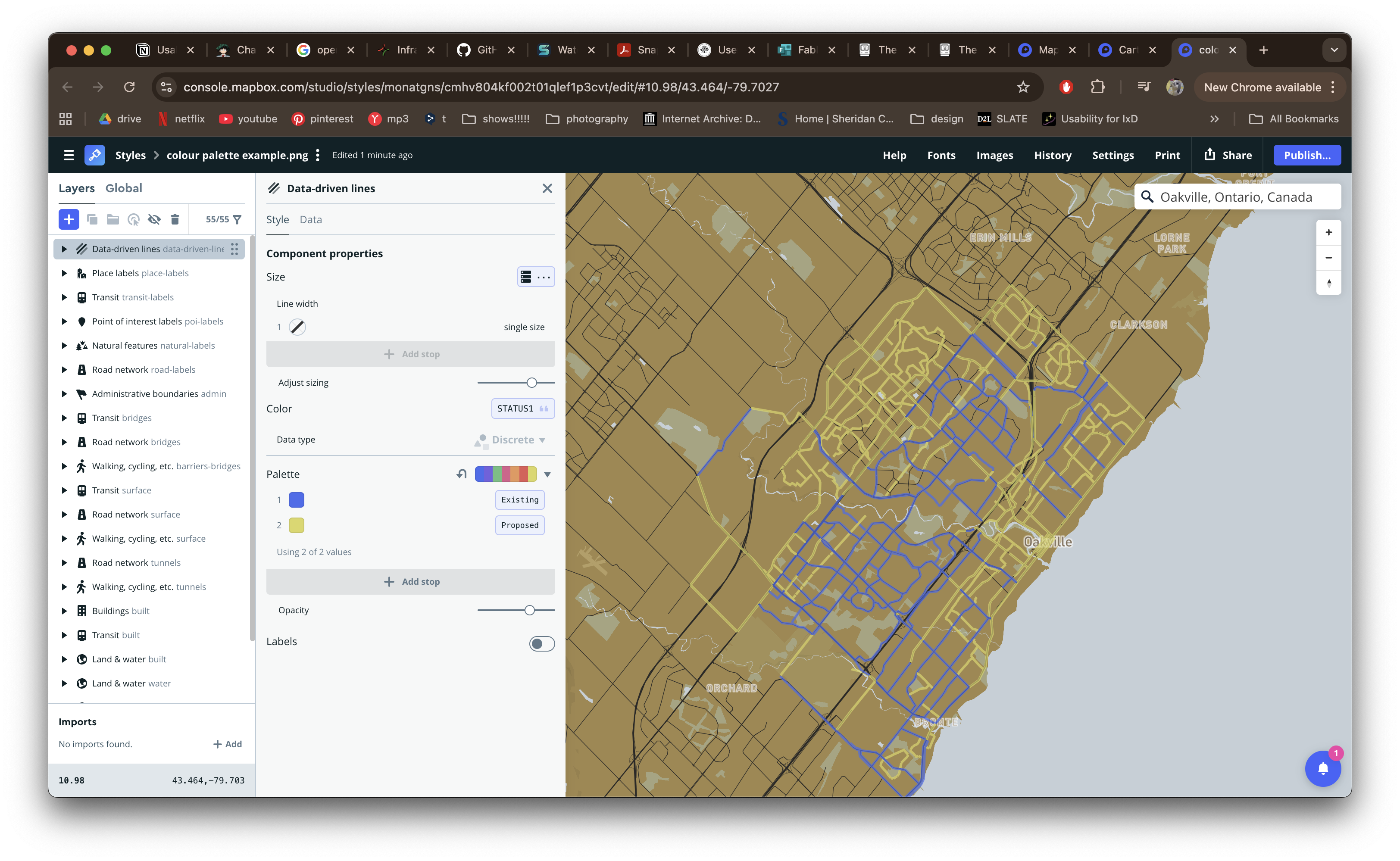 After looking through the geojson data in Visual Studio Code, I found a data set that displays the existing vs. proposed bike lanes in Oakville. I imported this data set into Mapbox to see how it would look on the map, then changed the colours to differentiate them.