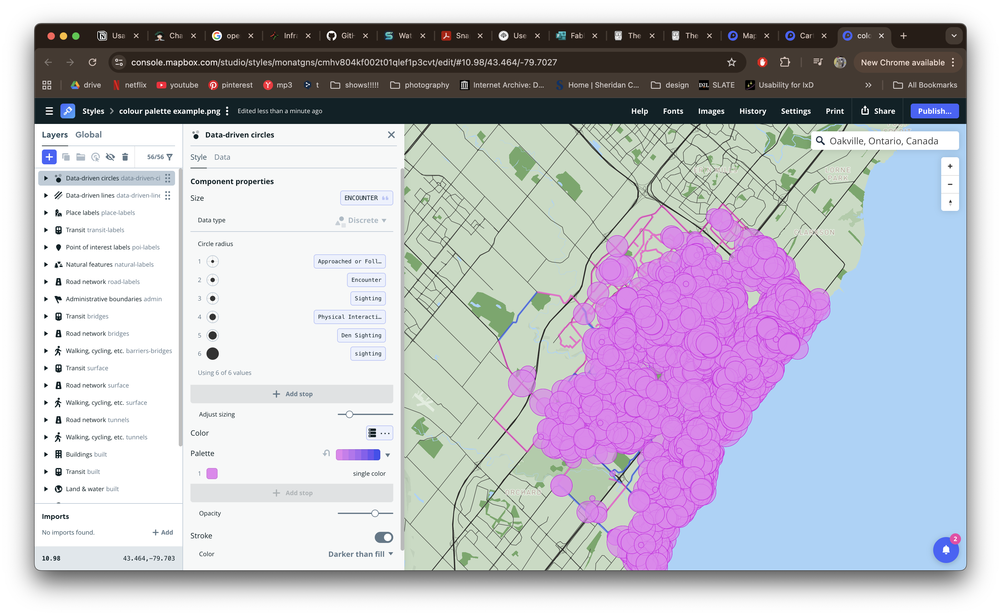 Added a second data set regarding coyote spottings in Oakville, applying the data driven circles.