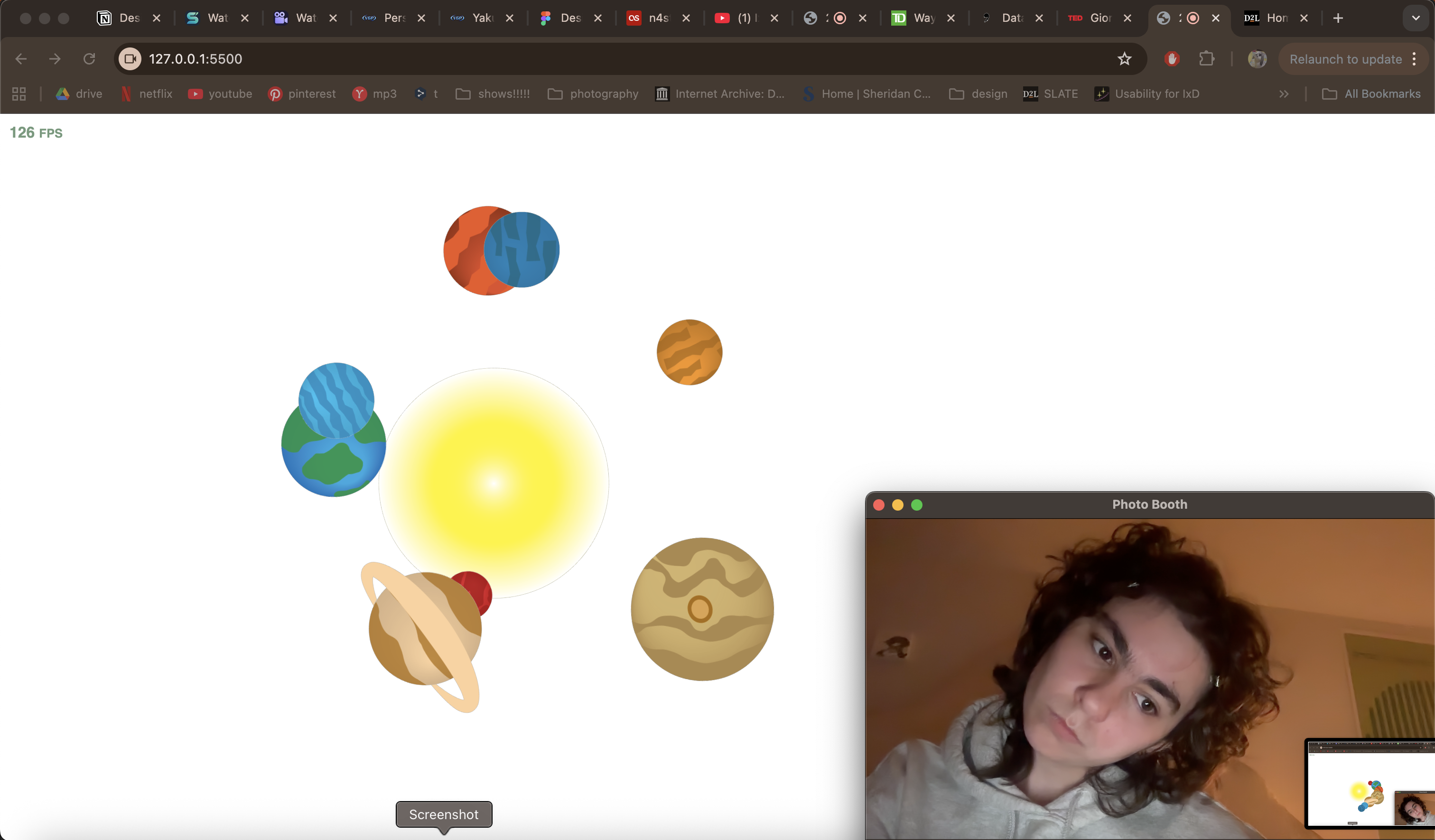 Experimentation with different angles and distances from the screen to see how the planets would react to my movements.